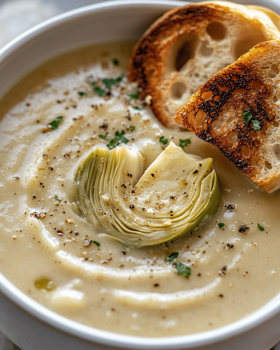 Creamy Artichoke Soup with Crème Fraîche & Toasted Baguette: A Comforting, Gourmet Delight