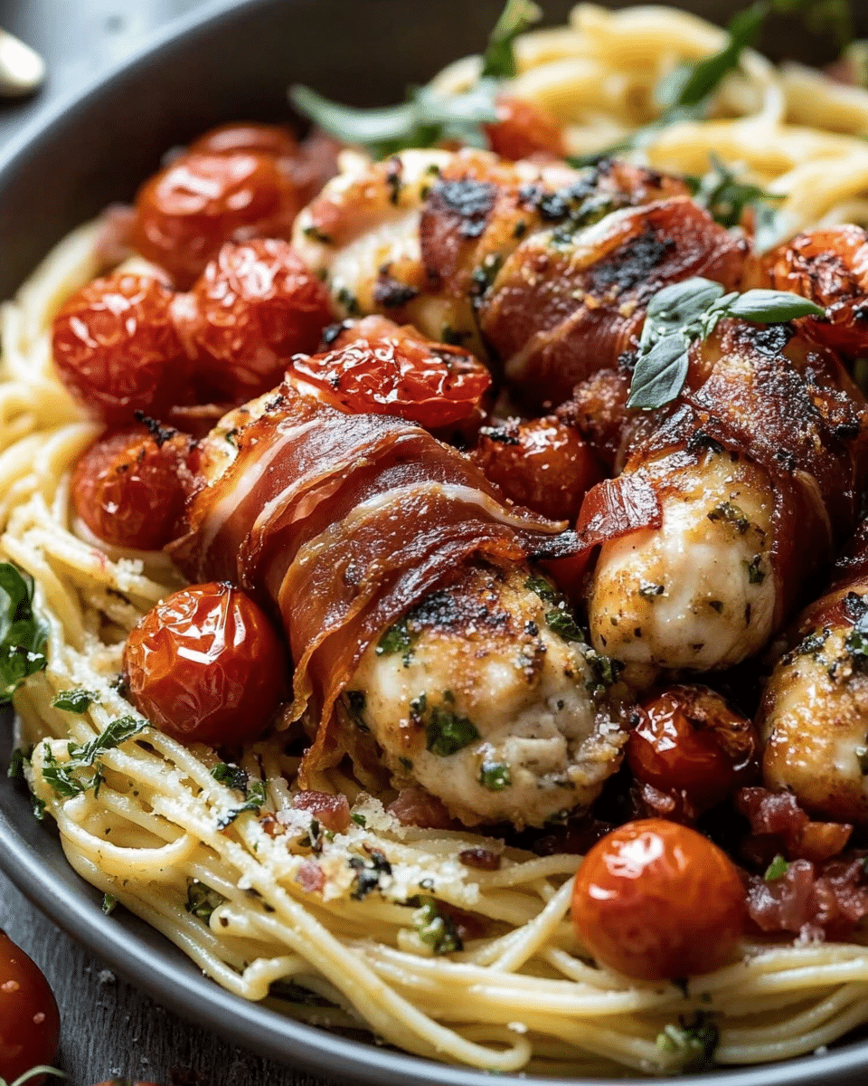 Baked Prosciutto‑Wrapped Chicken with Herb Pasta and Roasted Tomatoes