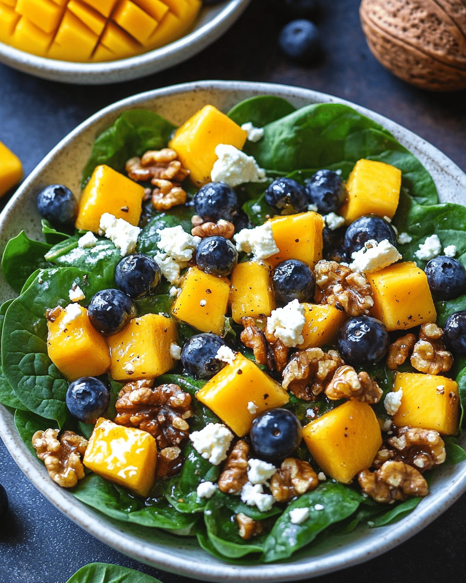 Vibrant Mango Blueberry Spinach Salad with Honeyed Walnuts