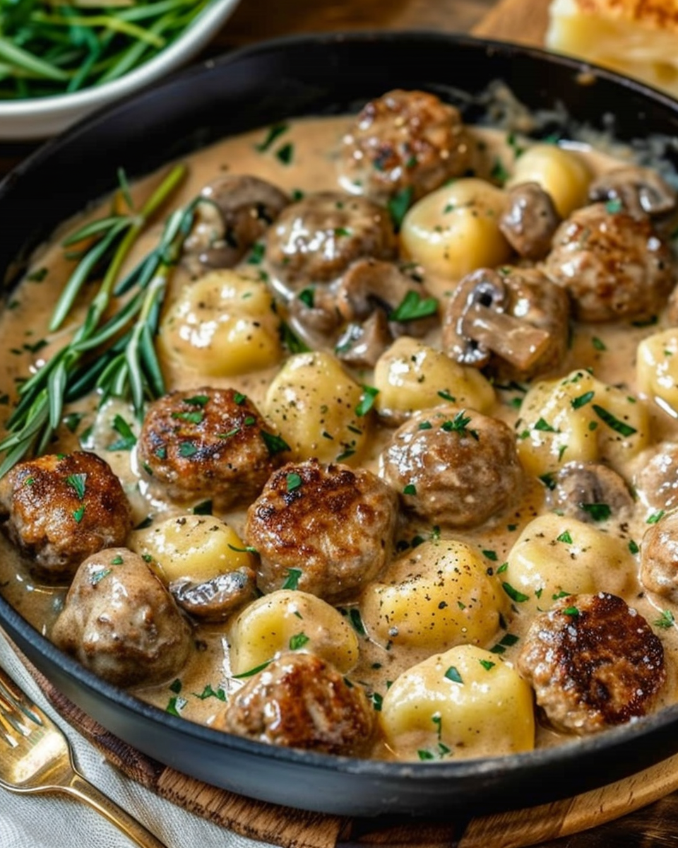 Meatballs and Gnocchi in a Creamy Mushroom Sauce — A Comfort Food Classic