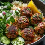 Harissa Chicken Meatballs with Cucumber Herb Salad Bowl