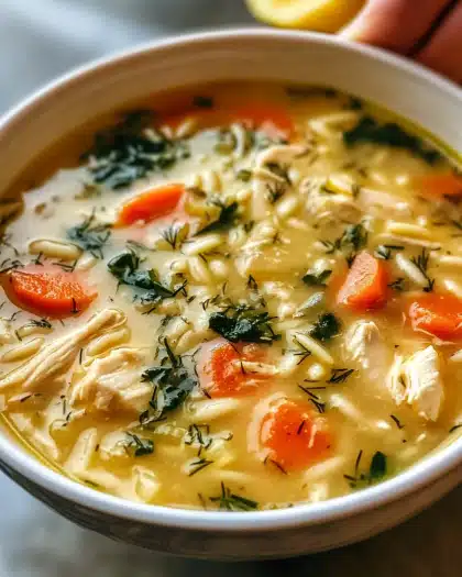 Lemon Chicken Orzo Soup with Fresh Dill and Spinach