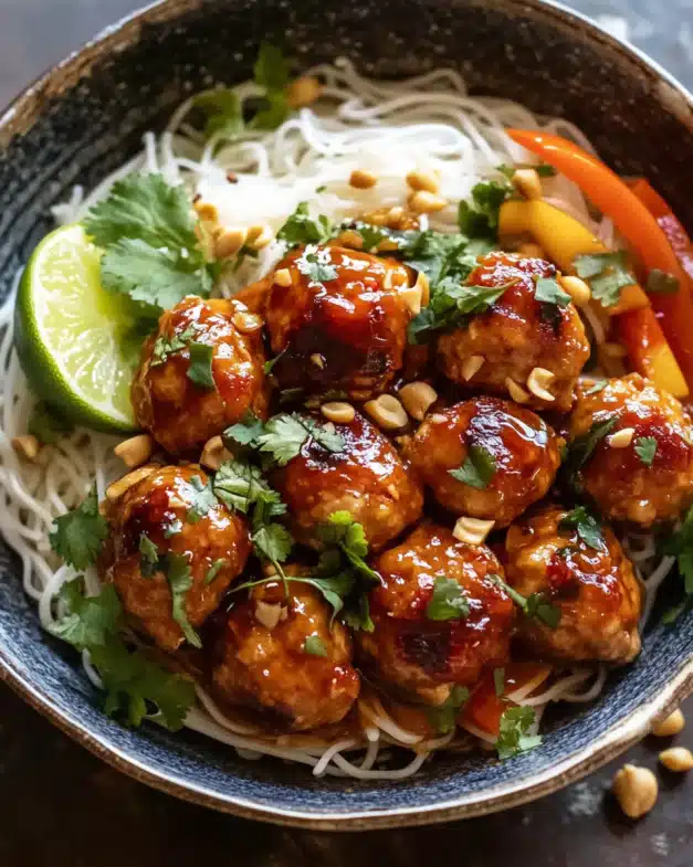 Spicy Asian Chicken Meatballs with Rice Noodles and Mango: A Flavor Explosion in Every Bite