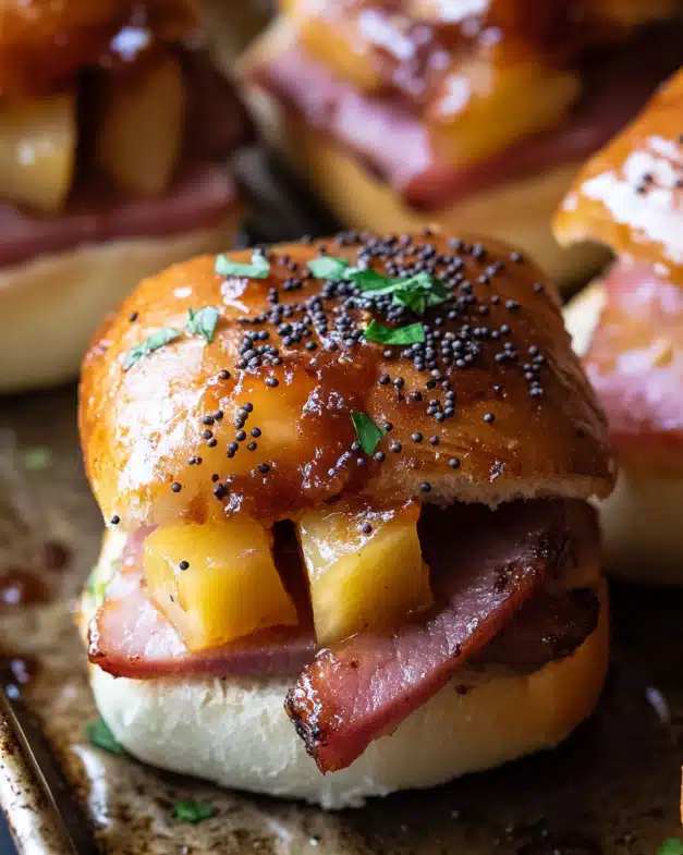 BBQ Ham and Swiss Sliders with Caramelized Pineapple-Onion Topping A Flavor Explosion in Every Bite