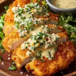 Crispy Chicken Schnitzel with Creamy Garlic-Parmesan Dressing