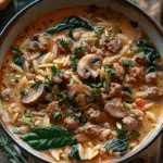 Hearty Sausage, Mushroom, and Spinach Orzo Soup Recipe — A Comforting Meal for Any Day