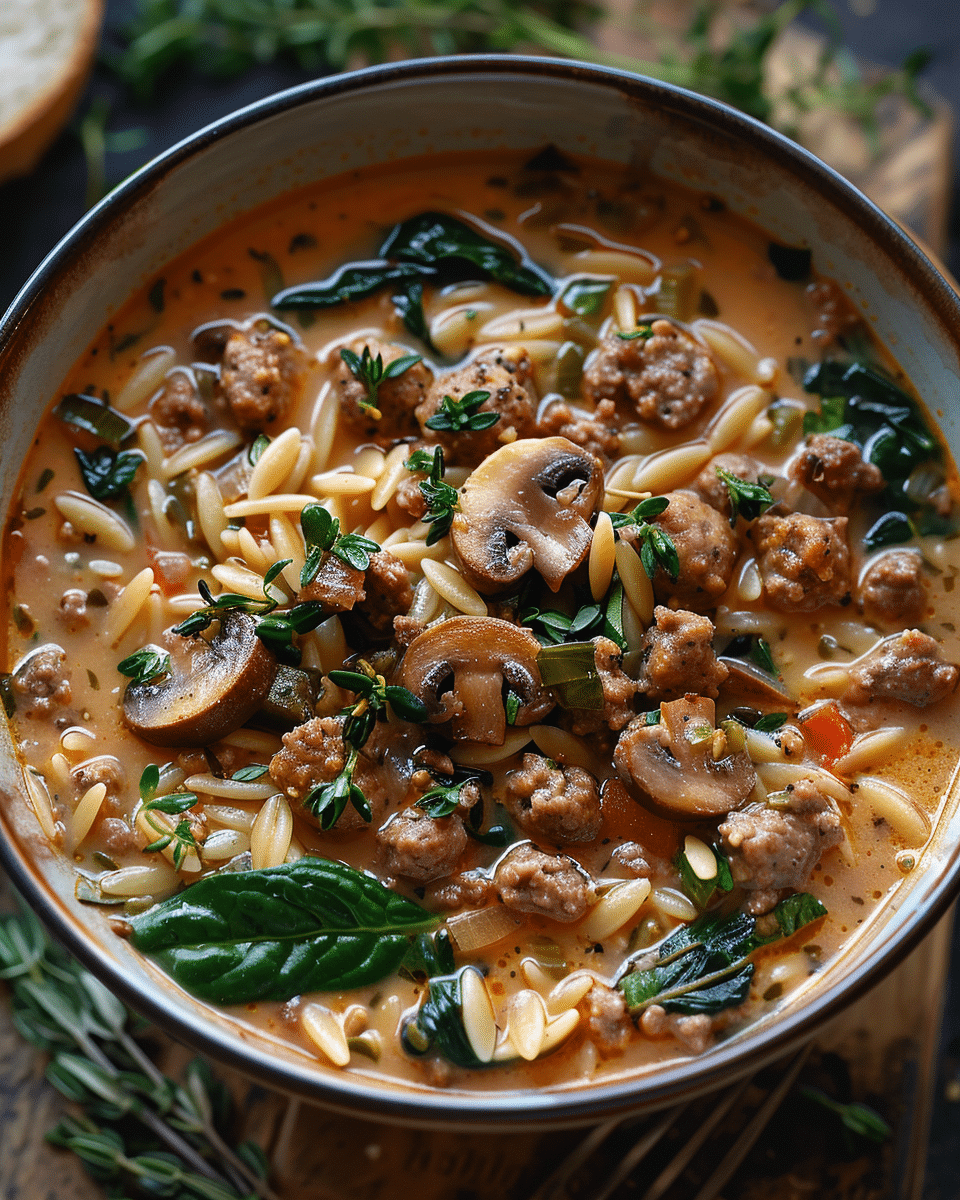 Hearty Sausage, Mushroom, and Spinach Orzo Soup Recipe — A Comforting Meal for Any Day