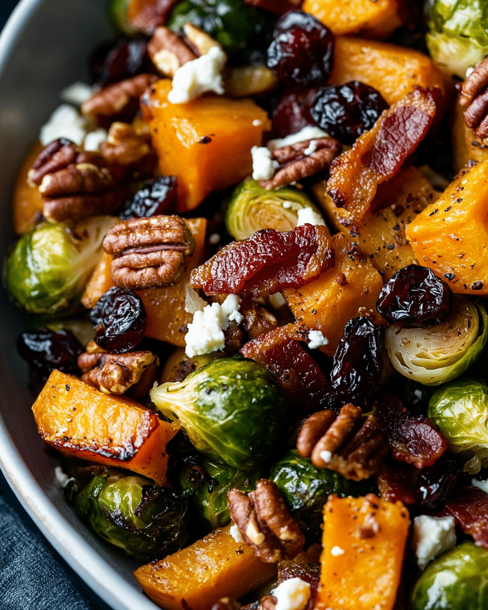 Roasted Brussels Sprouts and Butternut Squash with Bacon, Cranberries, and Pecans — A Perfect Fall Side Dish You’ll Crave