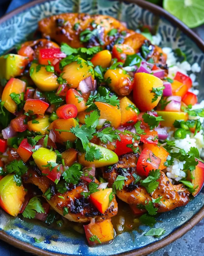 Sweet and Spicy Cilantro-Lime Chicken with Fresh Peach Salsa