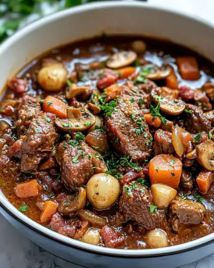 Savory Beef Stew with Bacon and Mushrooms