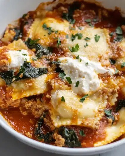 Cheesy Spinach and Turkey Ravioli Bake