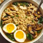 Homemade ramen bowl with chicken, egg, and vegetables