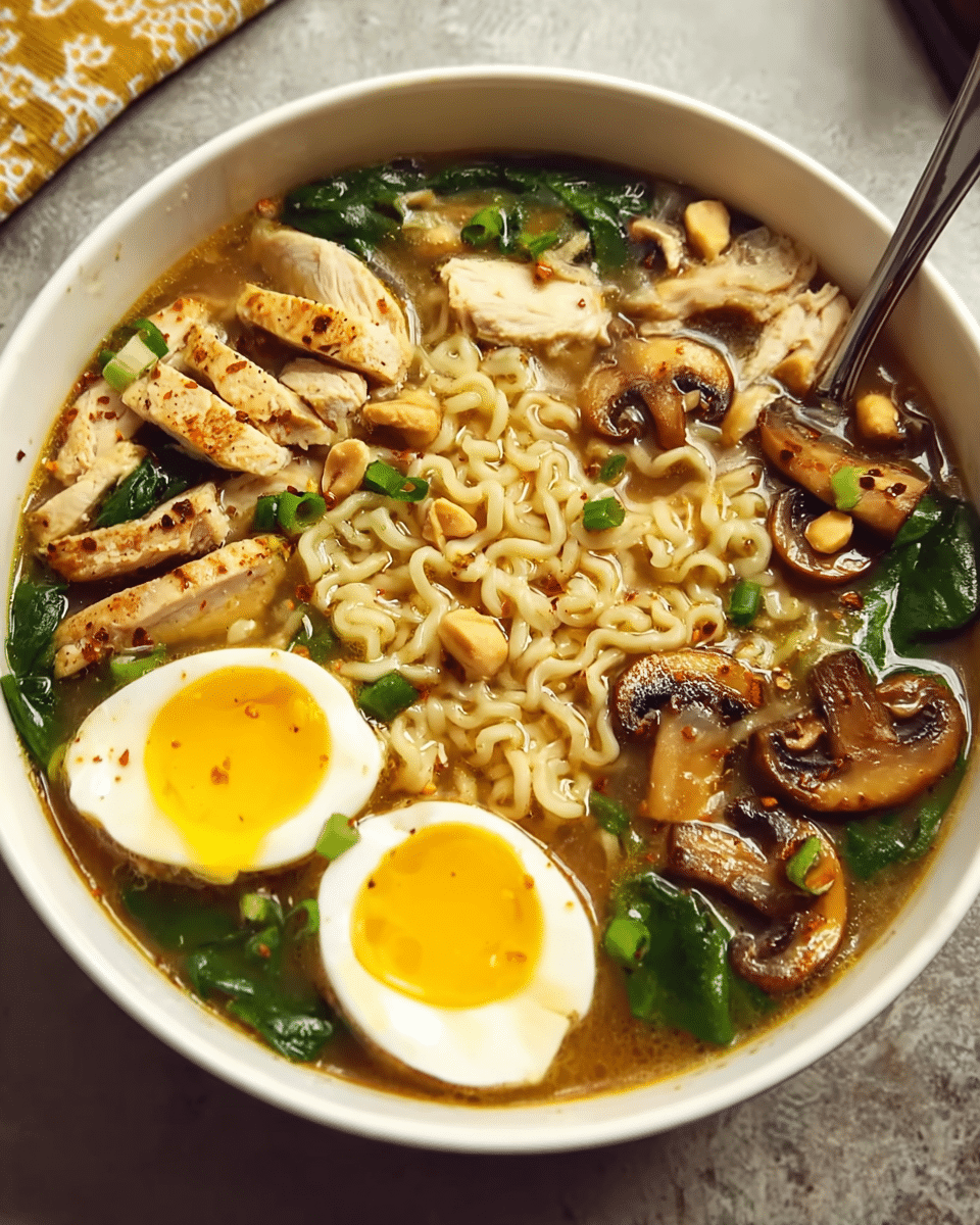 Homemade ramen bowl with chicken, egg, and vegetables