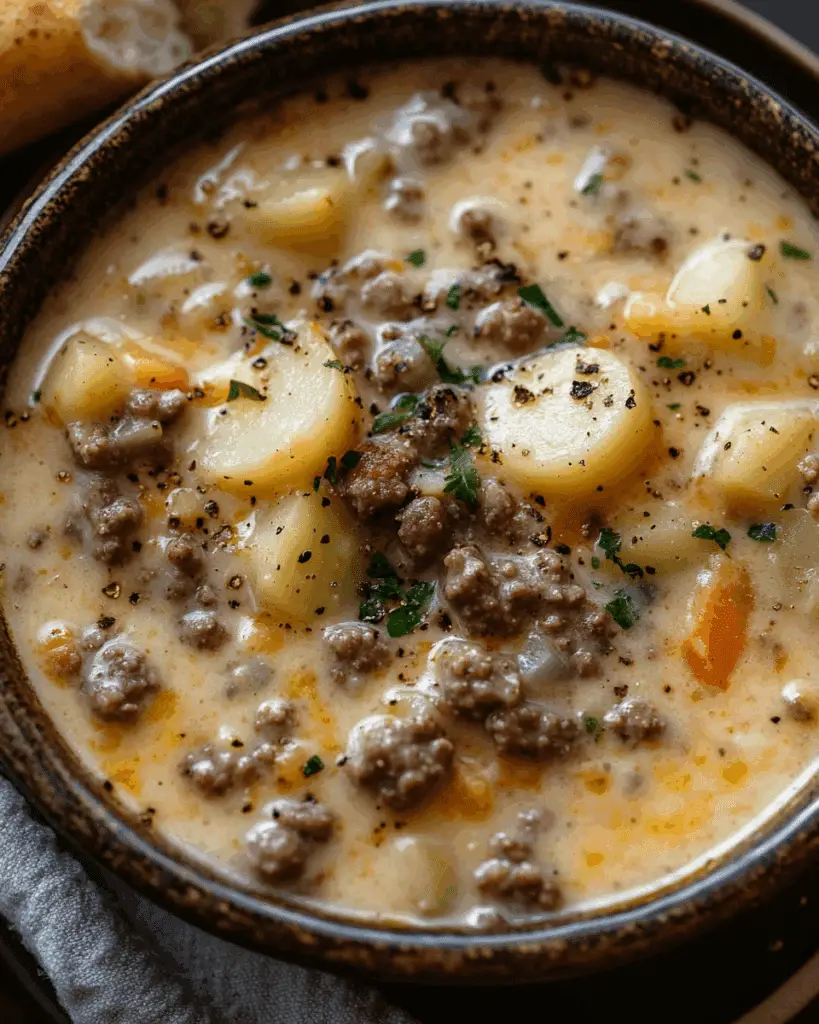 Hearty Creamy Potato and Hamburger Soup with Cheddar