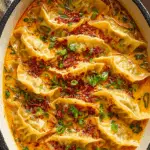 Baked potstickers with Thai curry sauce garnished with cilantro.