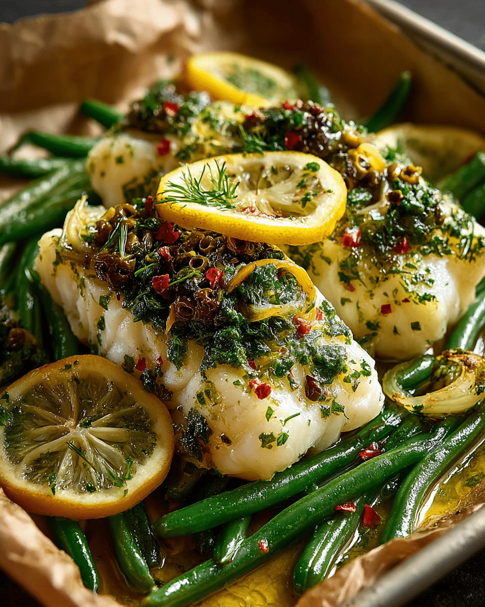 Mediterranean Cod with Lemon Herb Sauce and Green Beans