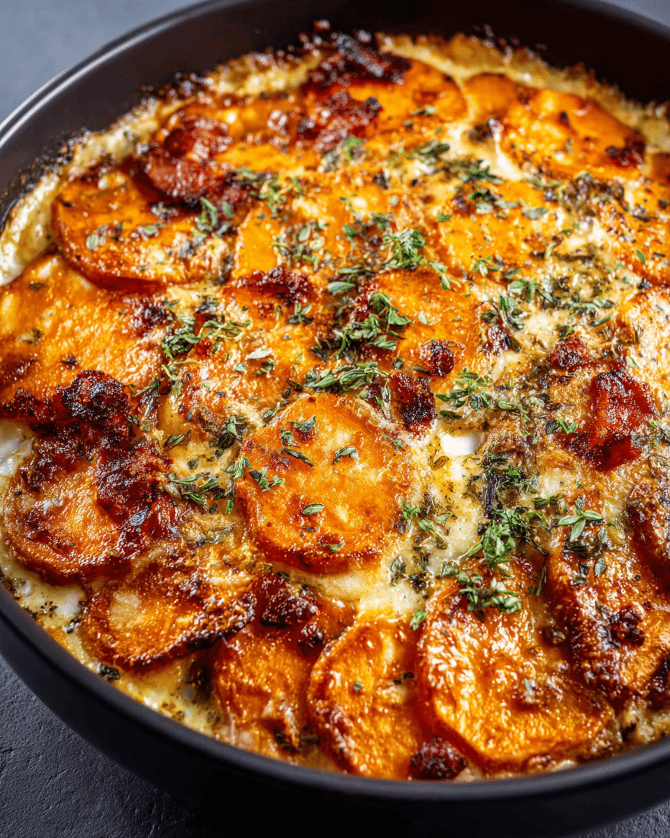 Creamy Sweet Potato and Bacon Bake with Coconut Milk and Herbs
