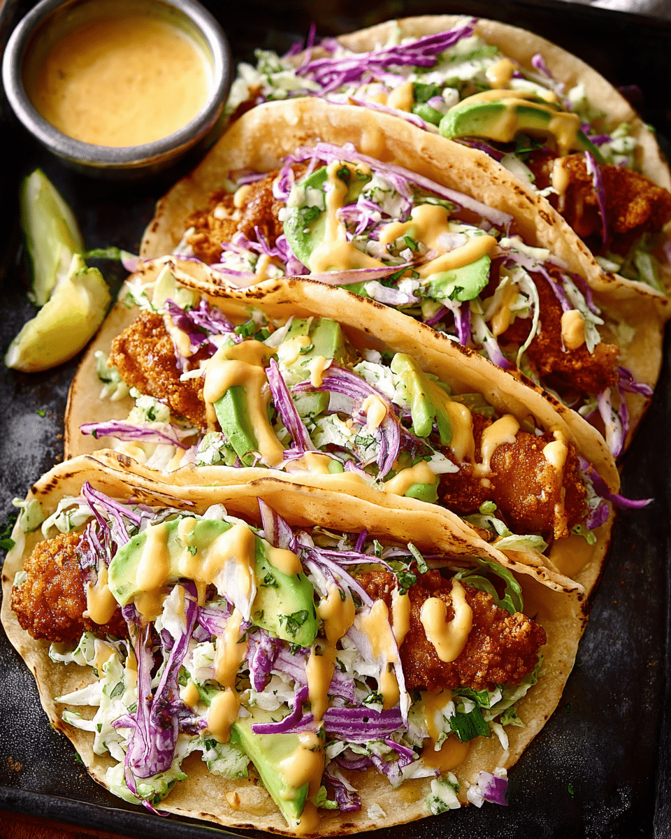 honey mustard chicken slaw tacos with avocado