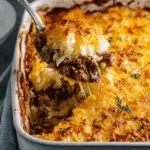 Baked sauerkraut casserole with beef and mashed potatoes
