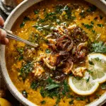 Bowl of spiced chicken and red lentil soup with fresh herbs and lemon wedges