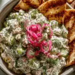 Creamy tuna chickpea cucumber salad served with crispy za’atar pita chips