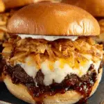 Crispy hash brown smash burgers with pepper jack cheese and smoky sauce