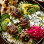 Mediterranean turkey meatball bowl with garlic herb rice and tzatziki