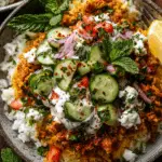 Spiced turkey rice bowl topped with feta, cucumber herb salad, and lemon yogurt sauce