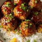Sweet pineapple chicken meatballs coated in glossy pineapple glaze